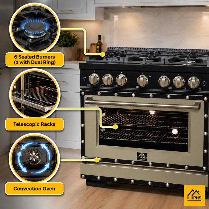 Forno Ambassador Valente 36" 5.2 cu. ft. Dual Fuel Range, 6 Sealed Burners, Convection Oven in Black or White with Antique Brass Accents and Copper Rivet Trim, (FFSGS6199-36CPBLK)