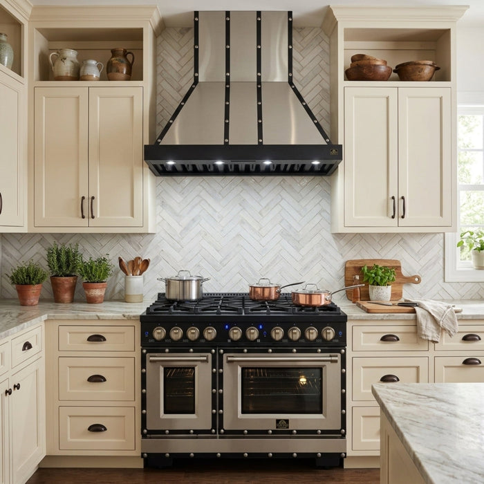 Forno Ambassador Valente 48" 6.7 cu. ft. Dual Fuel Range, 8 Sealed Burners, Convection Oven in Black or White with Antique Brass Accents and Copper Rivet Trim (FFSGS6199-48CPBLK)