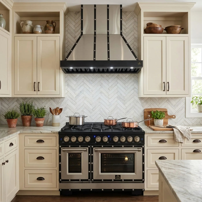 Forno Ambassador Valente 48" 304 CFM Wall Mount Range Hood with 3 Speeds, LED Light in Fingerprint Resistant Black, Antique Brass and Copper Rivet Trim (FRHWM5099-48CPBLK)