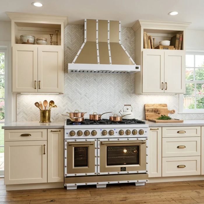 Forno Ambassador Valente 48" 304 CFM Wall Mount Range Hood with 3 Speeds, LED Light in Fingerprint Resistant White, Antique Brass and Copper Rivet Trim (FRHWM5099-48CPWHT)