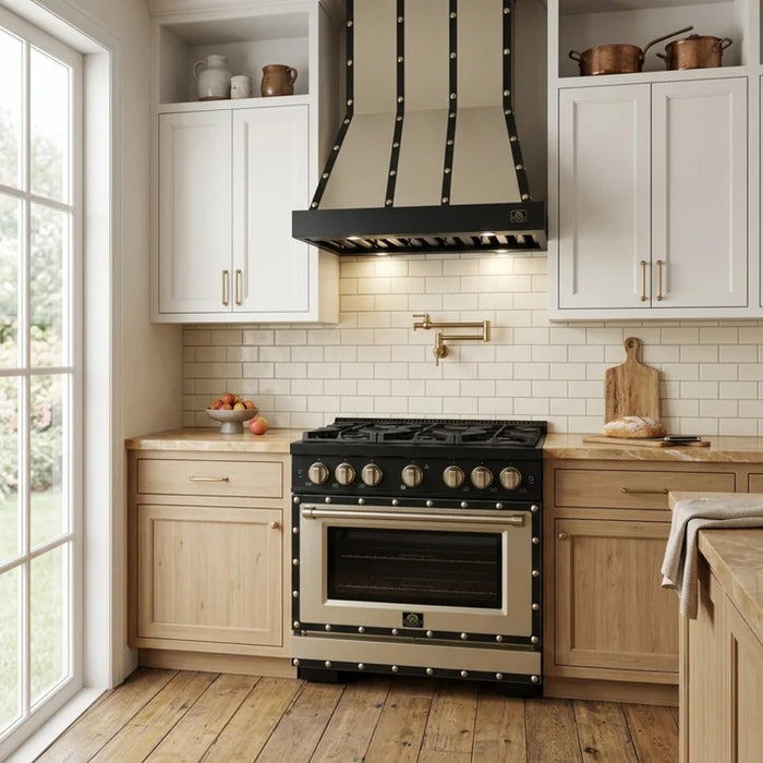 Forno Ambassador Valente 36" 5.2 cu. ft. Gas Range, 6 Sealed Burners, Convection Oven in White or Black with Antique Brass Accents and Copper Rivet Trim, FFSGS6299-36CPWHT