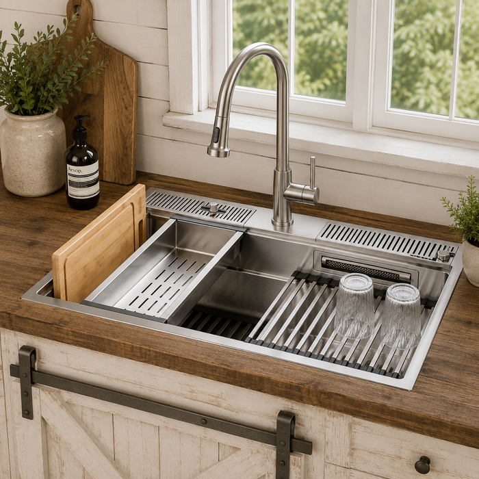 Forno Acqua 33" Drop-In/Undermount 3 Level Workstation Sink, Waterfall Faucet, Glass Rinser in Stainless Steel (D-WP30)