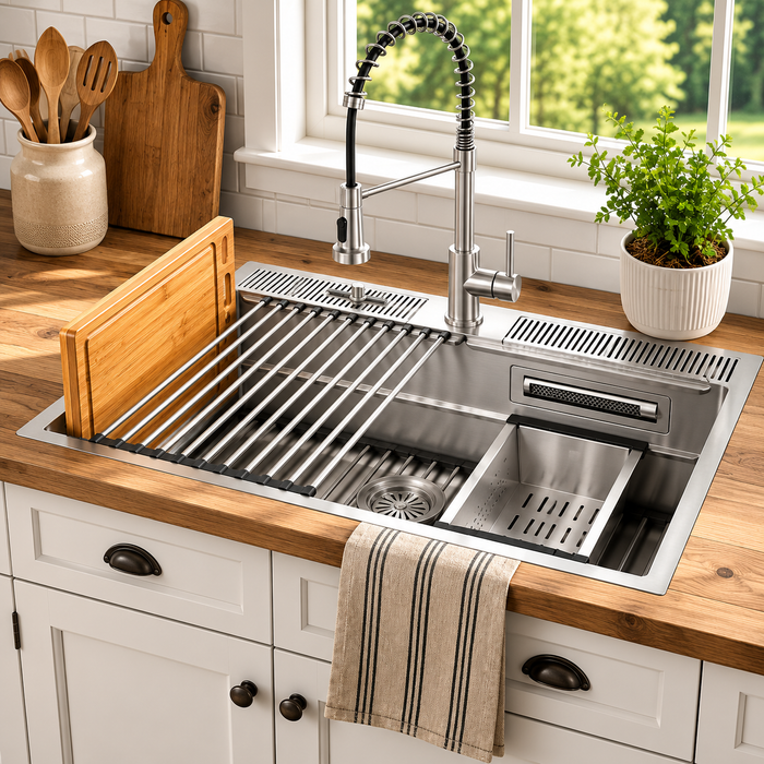 Forno Acqua 33" Drop-In/Undermount 3 Level Workstation Sink, Chef Faucet, Glass Washing Station in Stainless Steel (D-WP31)