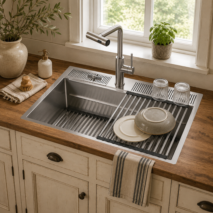 Forno Acqua 33" Drop-In/Undermount 3 Level Workstation Sink, Waterfall Faucet, Glass Rinser in Stainless Steel (D-XP30)