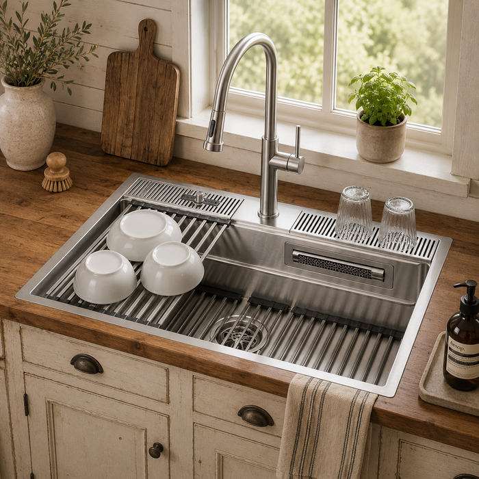 Forno Acqua 33" Drop-In/Undermount 3 Level Workstation Sink, Retractable Faucet, Glass Rinser in Stainless Steel (D-XP30)