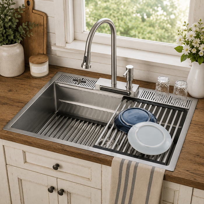 Forno Acqua 33" Drop-In/Undermount 3 Level Workstation Sink, Waterfall Faucet, Glass Rinser in Stainless Steel (E-XP30)