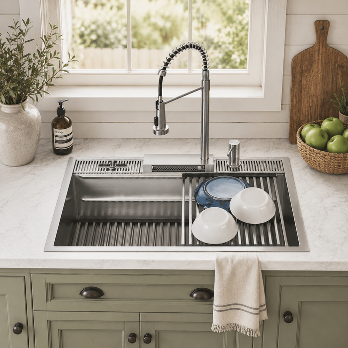 Forno Acqua 33" Drop-In/Undermount 3 Level Workstation Sink, Waterfall Faucet, Glass Rinser in Stainless Steel (E-XP31)
