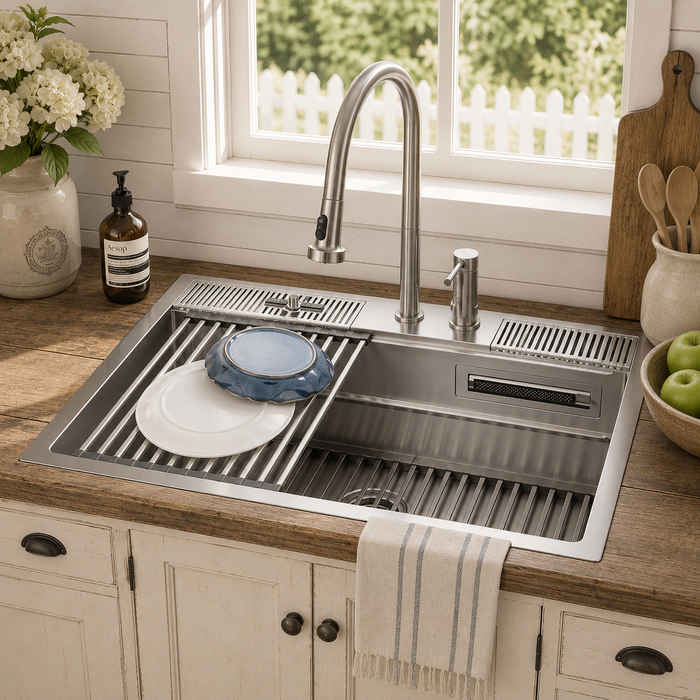 Forno Acqua 33" Drop-In/Undermount 3 Level Workstation Sink, Waterfall Faucet, Glass Rinser in Stainless Steel (E-ZP30)