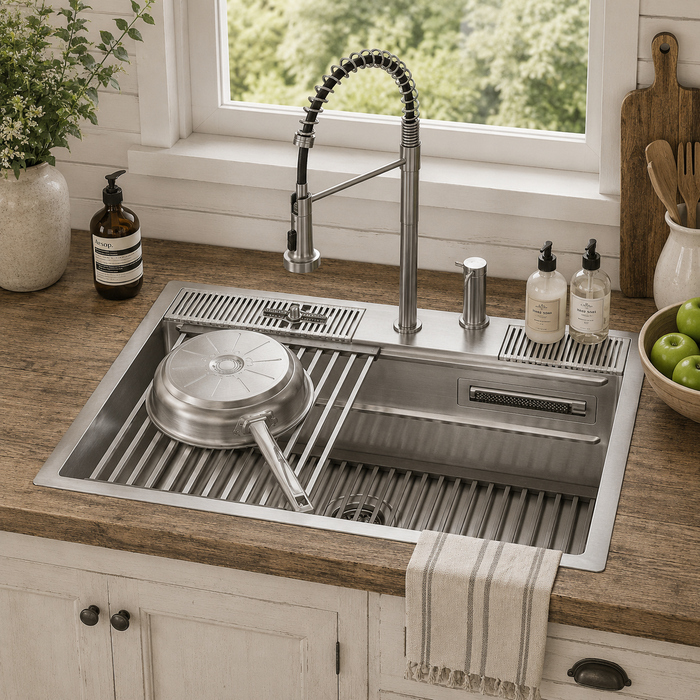 Forno Acqua 33" Drop-In/Undermount 3 Level Workstation Sink, Waterfall Faucet, Glass Rinser in Stainless Steel (E-ZP31)