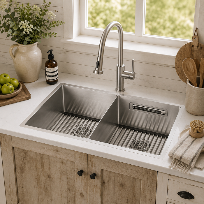 Forno Acqua 33" Drop-In/Undermount 50/50 Double Bowl Sink, Waterfall Faucet in Stainless Steel (G-ZN30)