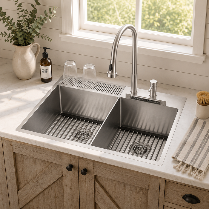 Forno Acqua 33" Drop-In/Undermount 40/60 Double Bowl Sink, Retractable and Waterfall Faucet in Stainless Steel (H-XN30)