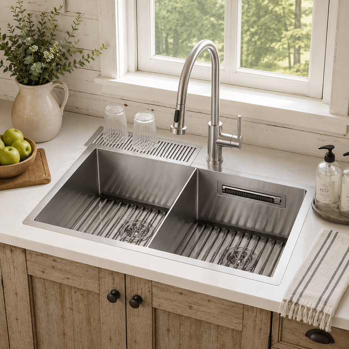 Forno Acqua 33" Drop-In/Undermount 40/60 Double Bowl Sink, Retractable and Waterfall Faucet in Stainless Steel (H-ZN30)