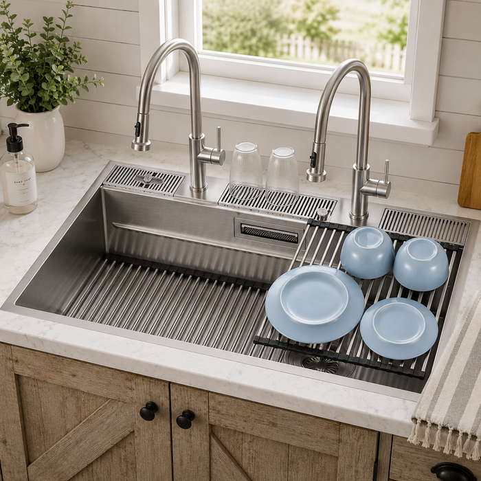 Forno Acqua 48" Drop-In/Undermount 3 Level Workstation Sink, 2 Faucets, Glass Rinser in Stainless Steel (J-WP30)