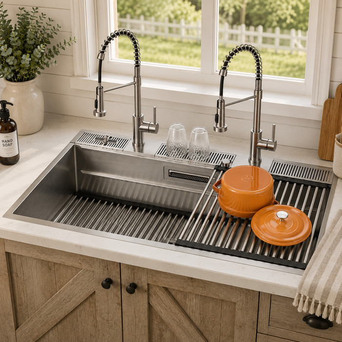 Forno Acqua 45" Drop-In/Undermount 3 Level Workstation Sink, 2 Faucets, Glass Rinser in Stainless Steel (J-WP31)
