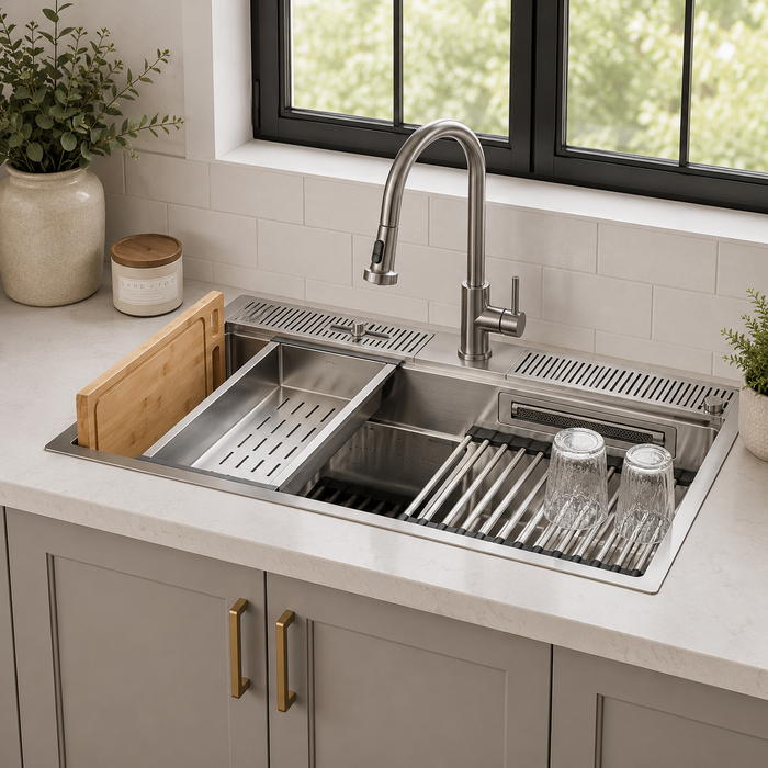 Forno Acqua 33" Drop-In/Undermount 3 Level Workstation Sink, Waterfall Faucet, Glass Rinser in Stainless Steel (D-WP30)