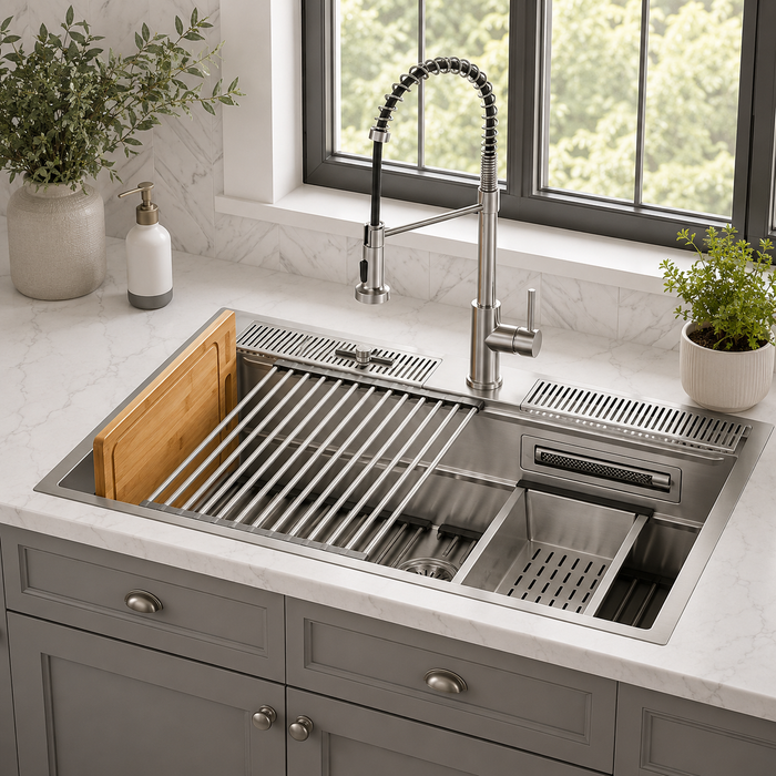 Forno Acqua 33" Drop-In/Undermount 3 Level Workstation Sink, Chef Faucet, Glass Washing Station in Stainless Steel (D-WP31)