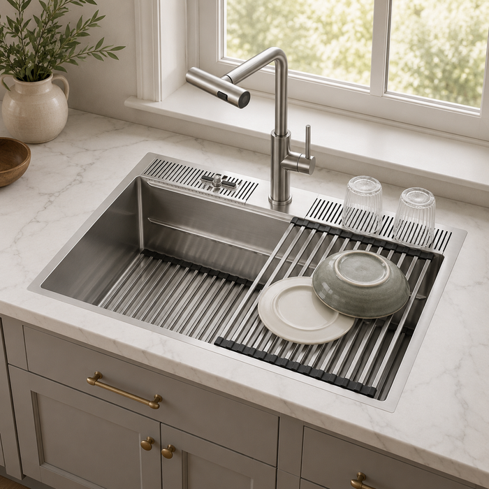 Forno Acqua 33" Drop-In/Undermount 3 Level Workstation Sink, Waterfall Faucet, Glass Rinser in Stainless Steel (D-XP30)