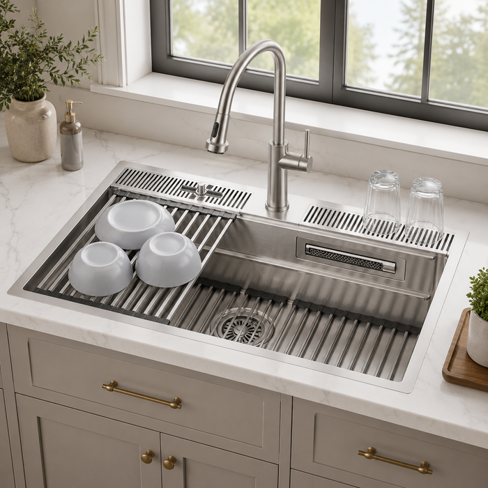 Forno Acqua 33" Drop-In/Undermount 3 Level Workstation Sink, Retractable Faucet, Glass Rinser in Stainless Steel (D-XP30)