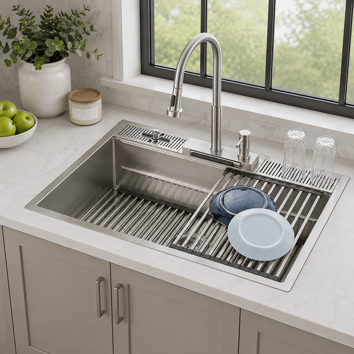 Forno Acqua 33" Drop-In/Undermount 3 Level Workstation Sink, Waterfall Faucet, Glass Rinser in Stainless Steel (E-XP30)