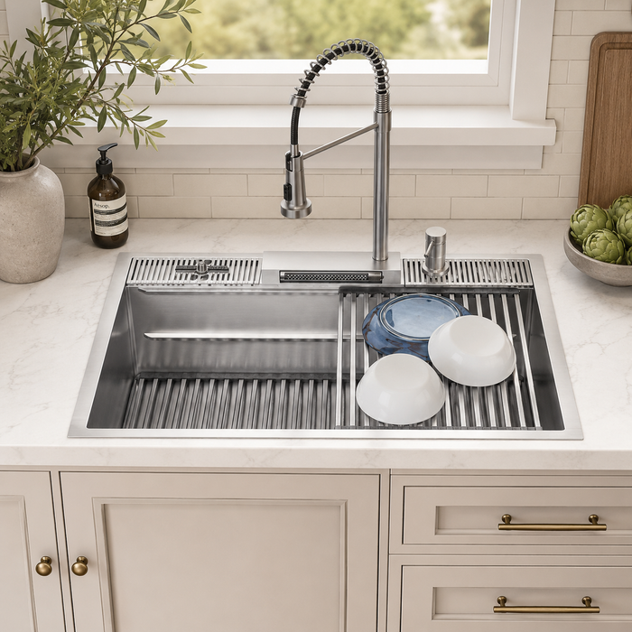 Forno Acqua 33" Drop-In/Undermount 3 Level Workstation Sink, Waterfall Faucet, Glass Rinser in Stainless Steel (E-XP31)