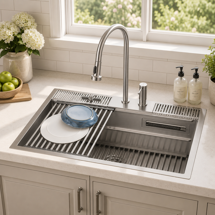 Forno Acqua 33" Drop-In/Undermount 3 Level Workstation Sink, Waterfall Faucet, Glass Rinser in Stainless Steel (E-ZP30)