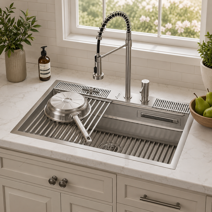 Forno Acqua 33" Drop-In/Undermount 3 Level Workstation Sink, Waterfall Faucet, Glass Rinser in Stainless Steel (E-ZP31)