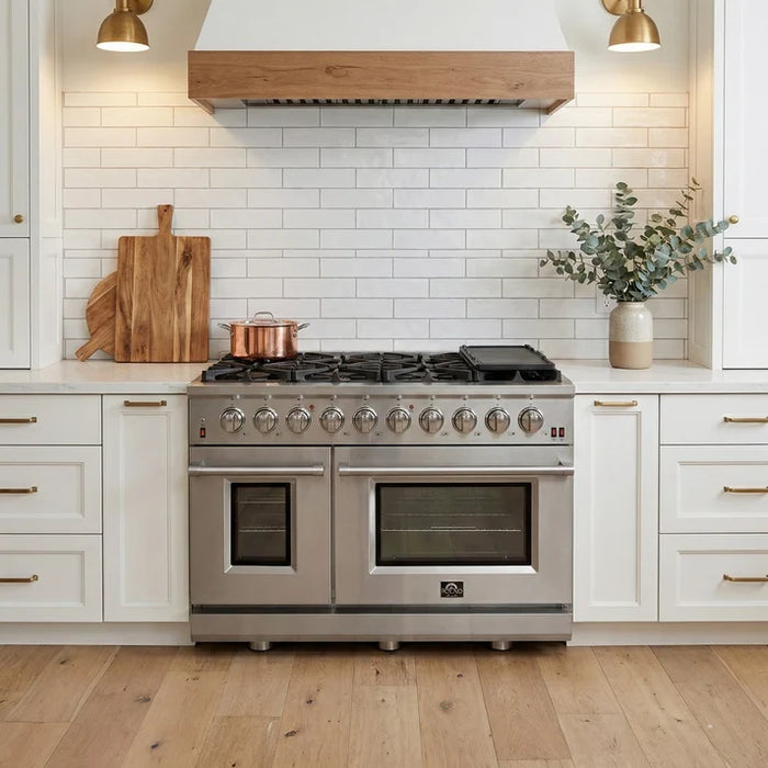 Forno Massimo 48″ 6.58 cu. ft. Freestanding Gas Range with 8 Sealed Burners, Air Fryer Kit, Wok Support & Griddle in Stainless Steel, Back or White (FFSGS6239-48)