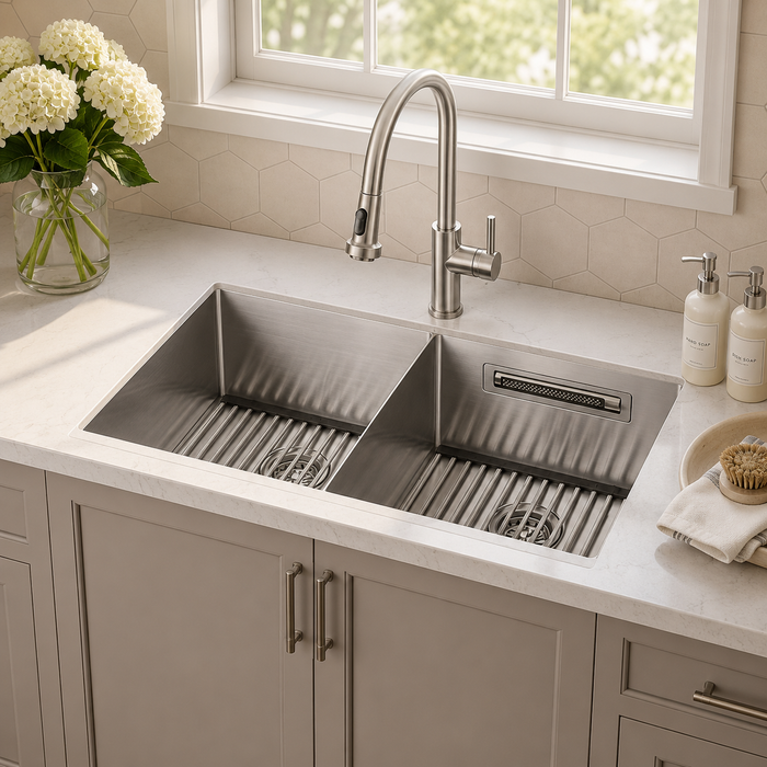 Forno Acqua 33" Drop-In/Undermount 50/50 Double Bowl Sink, Waterfall Faucet in Stainless Steel (G-ZN30)