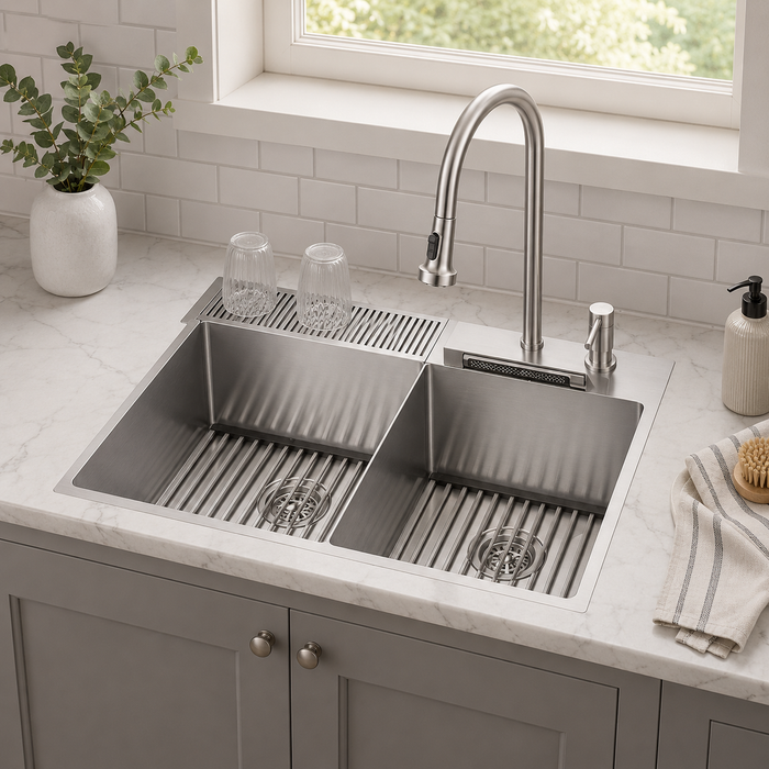 Forno Acqua 33" Drop-In/Undermount 40/60 Double Bowl Sink, Retractable and Waterfall Faucet in Stainless Steel (H-XN30)