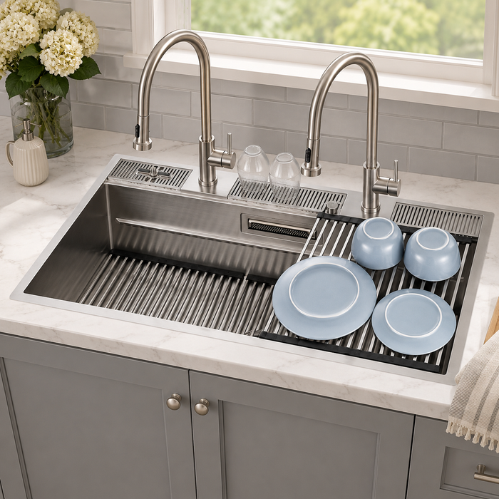 Forno Acqua 48" Drop-In/Undermount 3 Level Workstation Sink, 2 Faucets, Glass Rinser in Stainless Steel (J-WP30)