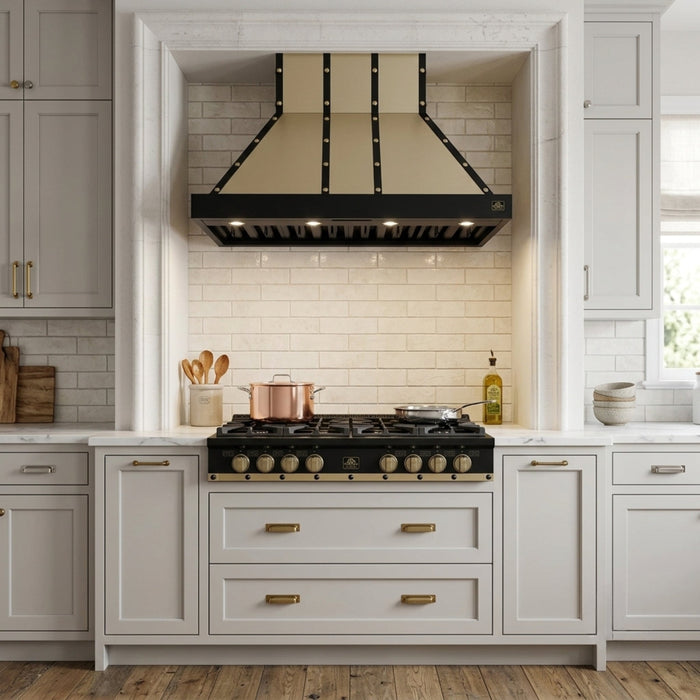 Forno Ambassador Valente 48" 304 CFM Wall Mount Range Hood with 3 Speeds, LED Light in Fingerprint Resistant Black, Antique Brass and Copper Rivet Trim (FRHWM5099-48CPBLK)