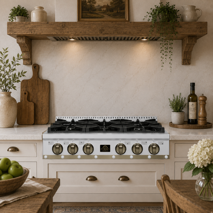Forno Ambassador Valente 36" Gas Cooktop, 6 Sealed Burners with Dual Ring Burner, Cast Iron Grates in White with Antique Brass Accents and Copper Rivet Trim (FCTGS5799-36CPWHT)