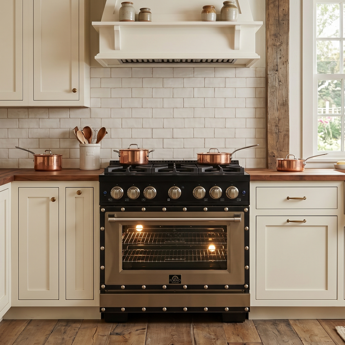 Forno Ambassador Valente 36" 5.2 cu. ft. Dual Fuel Range, 6 Sealed Burners, Convection Oven in Black or White with Antique Brass Accents and Copper Rivet Trim, (FFSGS6199-36CPBLK)