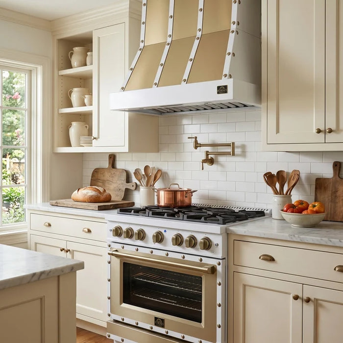 Forno Ambassador Valente 36" 5.2 cu. ft. Dual Fuel Range, 6 Sealed Burners, Convection Oven in Black or White with Antique Brass Accents and Copper Rivet Trim, (FFSGS6199-36CPBLK)