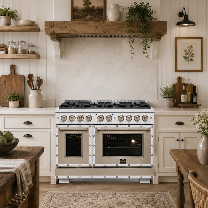 Forno Ambassador Valente 48" 6.7 cu. ft. Dual Fuel Range, 8 Sealed Burners, Convection Oven in Black or White with Antique Brass Accents and Copper Rivet Trim (FFSGS6199-48CPBLK)