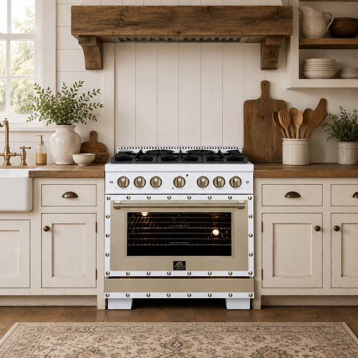 Forno Ambassador Valente 36" 5.2 cu. ft. Gas Range, 6 Sealed Burners, Convection Oven in White or Black with Antique Brass Accents and Copper Rivet Trim, FFSGS6299-36CPWHT