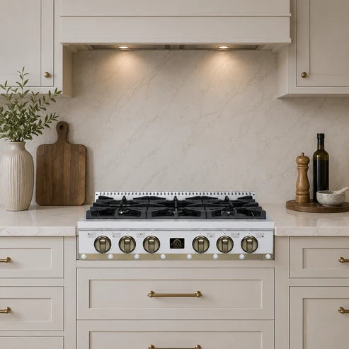 Forno Ambassador Valente 36" Gas Cooktop, 6 Sealed Burners with Dual Ring Burner, Cast Iron Grates - Black or White with Antique Brass Accents and Copper Rivet Trim (FCTGS5799-36CPBLK)