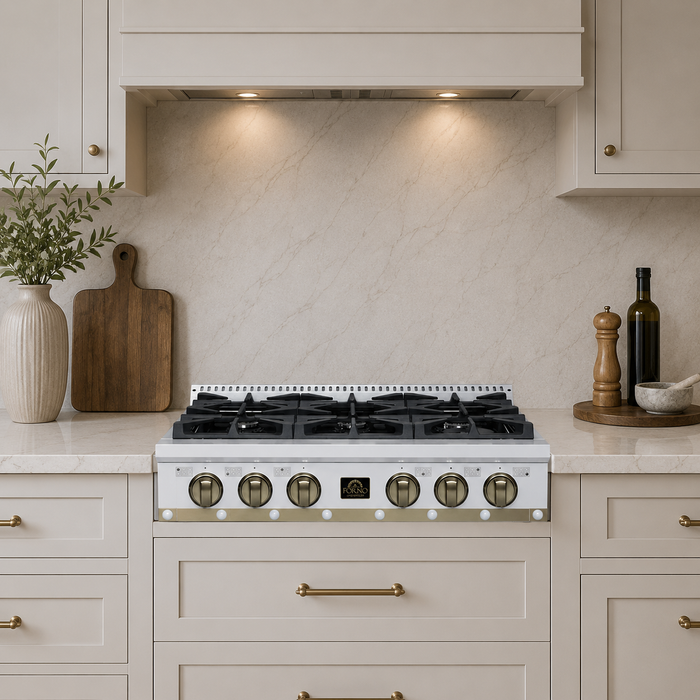 Forno Ambassador Valente 36" Gas Cooktop, 6 Sealed Burners with Dual Ring Burner, Cast Iron Grates in White with Antique Brass Accents and Copper Rivet Trim (FCTGS5799-36CPWHT)