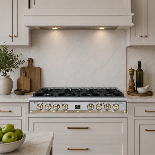 Forno Ambassador Valente 48" Gas Cooktop, 8 Sealed Burners with 2 Dual Ring Burners, Cast Iron Grates - Black or White with Antique Brass Accents and Copper Rivet Trim (FCTGS5799-48CPBLK)