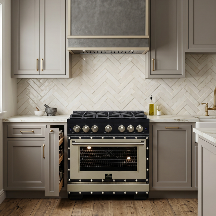 Forno Ambassador Valente 36" 5.2 cu. ft. Dual Fuel Range, 6 Sealed Burners, Convection Oven in Black or White with Antique Brass Accents and Copper Rivet Trim, (FFSGS6199-36CPBLK)