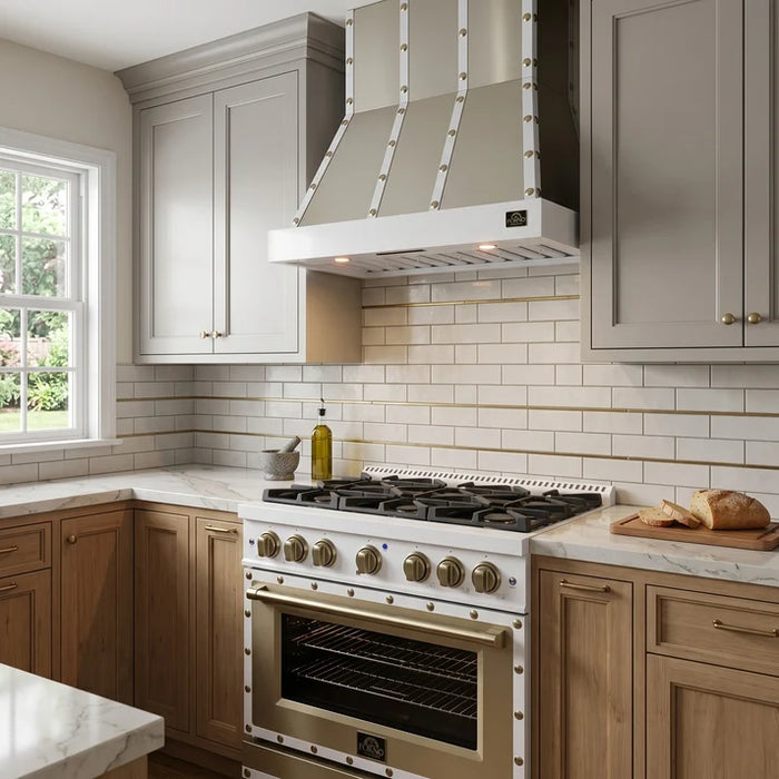 Forno Ambassador Valente 36" 5.2 cu. ft. Dual Fuel Range, 6 Sealed Burners, Convection Oven in Black or White with Antique Brass Accents and Copper Rivet Trim, (FFSGS6199-36CPBLK)