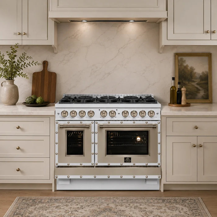 Forno Ambassador Valente 48" 6.7 cu. ft. Dual Fuel Range, 8 Sealed Burners, Convection Oven in Black or White with Antique Brass Accents and Copper Rivet Trim (FFSGS6199-48CPBLK)