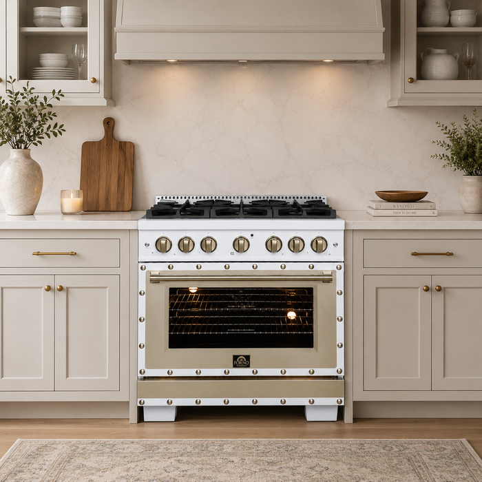 Forno Ambassador Valente 36" 5.2 cu. ft. Gas Range, 6 Sealed Burners, Convection Oven in White or Black with Antique Brass Accents and Copper Rivet Trim, FFSGS6299-36CPWHT