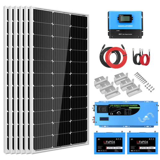 Sungold Power Off Grid Solar Kit 3000w Inverter 12vdc 120v Output Lifepo4 Battery 600 Watt Solar Back Up Sgk-Pro3
