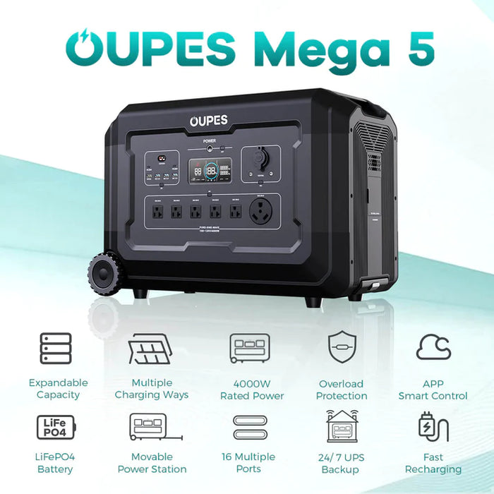 OUPES Mega 5 Home Backup & Portable Power Station | Free Chargers Included | 4000W 5040Wh