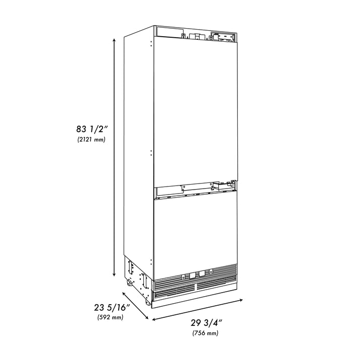 ZLINE Autograph Edition 30" 16.1 cu. ft. Panel Ready Built-in Bottom Freezer Refrigerator with Water Dispenser and Ice Maker with Bright White Interior and Accent Options