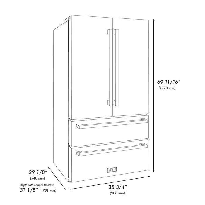 ZLINE Autograph Edition 36" 22.5 cu. ft. Counter-Depth French Door Refrigerator with Ice Maker in Stainless Steel with Modern / Traditional Handles Options