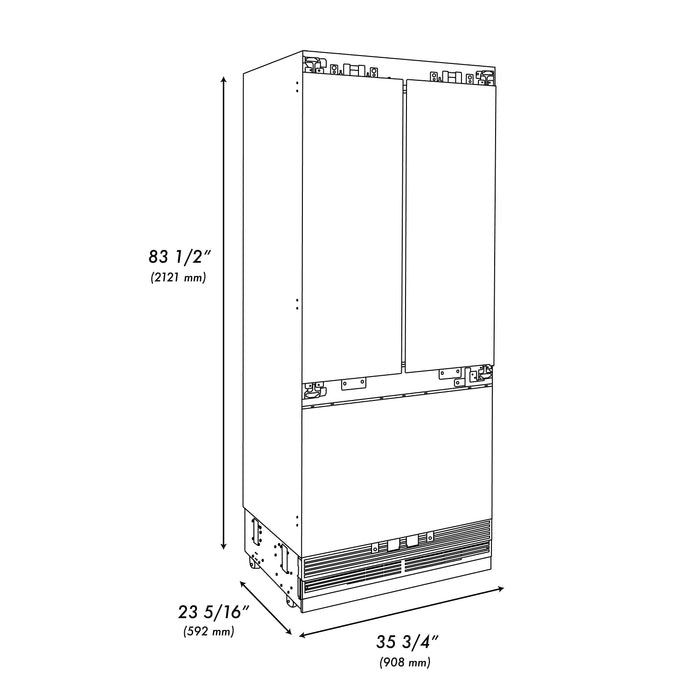 ZLINE Autograph Edition 36" 19.6 cu. ft. French Door Built-In Bottom Freezer Refrigerator with Water Dispenser and Ice Maker - Interior Color, Panel Color, and Accent Options