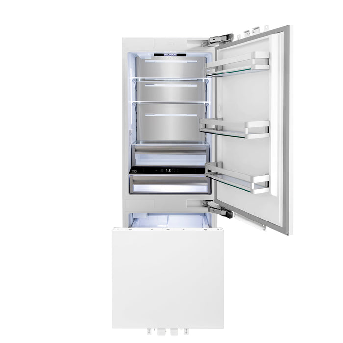 ZLINE Autograph Edition 30" 16.1 cu. ft. Panel Ready Built-in Bottom Freezer Refrigerator with Water Dispenser and Ice Maker with Bright White Interior and Accent Options