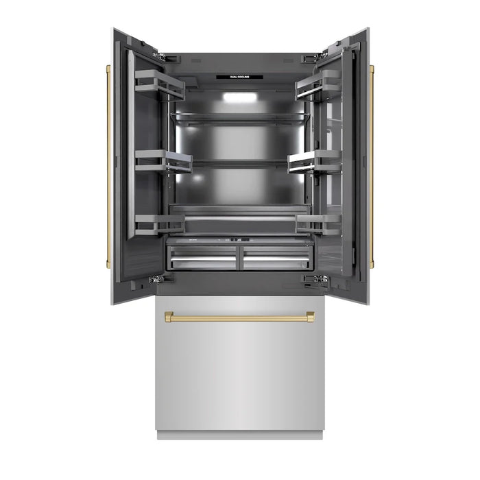 ZLINE Autograph Edition 36" 19.6 cu. ft. French Door Built-In Bottom Freezer Refrigerator with Water Dispenser and Ice Maker - Interior Color, Panel Color, and Accent Options